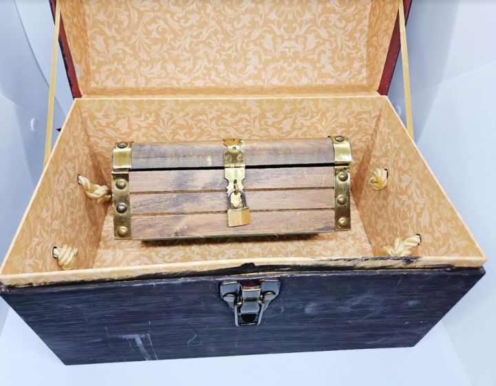 escape room ideas shows an open box with a smaller locked box inside.