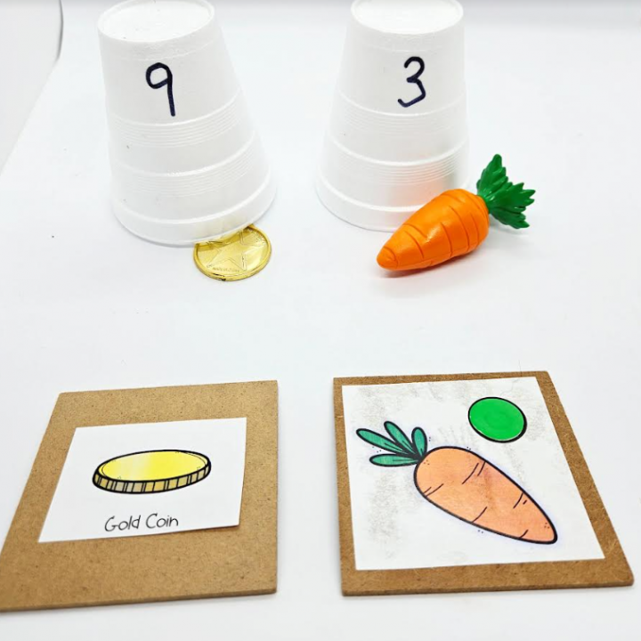 diy escape room puzzles shows two pictures, one a gold coin and the other a carrot, and two cups, one with the number 9 and 3.