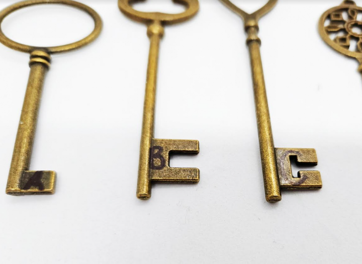 escape room ideas shows three keys with the letter A,B and C printed on the key.