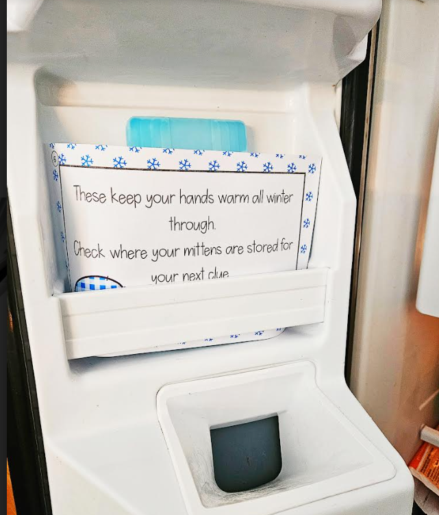 scavenger hunt shows a sheet of paper in a fridge freezer.