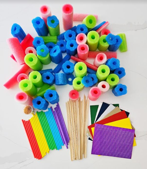 Summer Outdoor Learning Activities shows pool noodles and materials for a build a boat STEM activity.