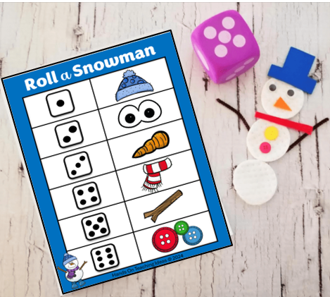 free roll a snowman game shows a printable sheet and a snowman made from cotton swabs, buttons, and simple materials.