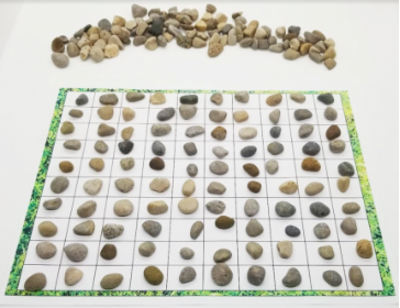 nature math art shows a 100 chart with little stones on each.