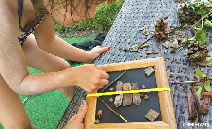 math activity for kids shows a child making a symmetrical picture using things from nature.
