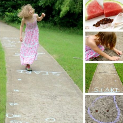 watermelon math shows a child walking on a path and watermelon seeds.