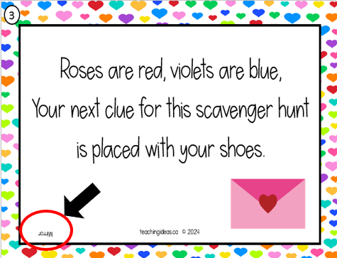 valentines day scavenger hunt shows a printed riddle with a location circled in the bottom corner.