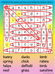 DIY escape room shows a word search with lots of words circled in red and the letters esgg left not highlighed.