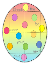 spring escape room shows a colorful egg with the words check the door for your next clue.