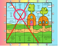 easter activity for kids shows a escape room puzzle with a grid with one square circled.