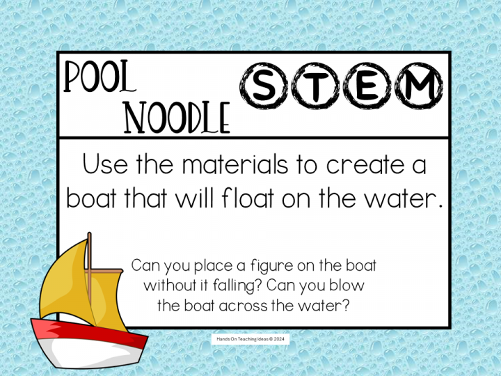 easy STEM challenge activity card that says "use the materials to create a boat that will float on the water."