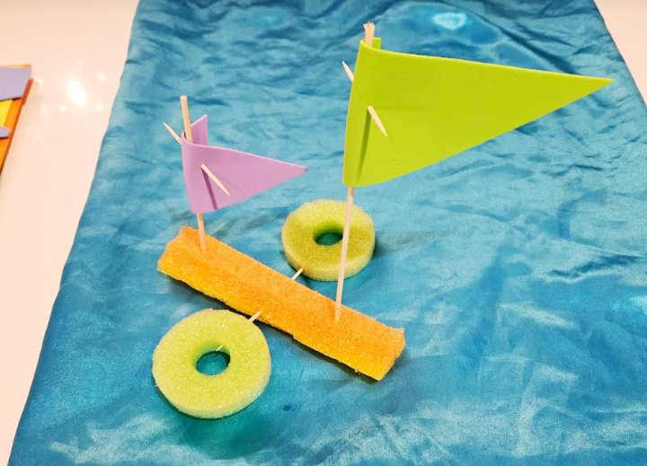 easy stem activity shows a boat made from pool noodles and foam pieces.