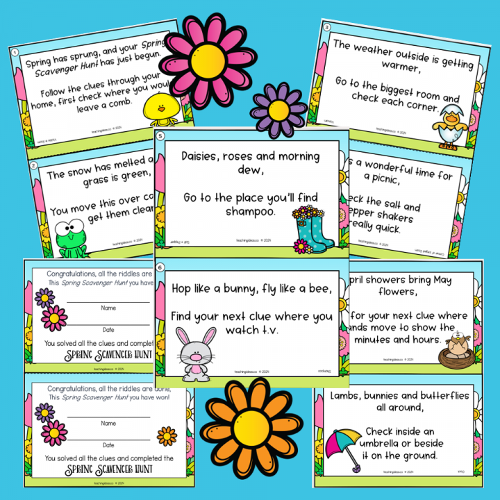 spring scavenger hunt shows a page with all of the printable riddles for a scavenger hunt.