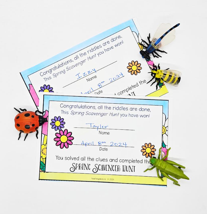 scavenger hunt ideas shows two completion certificates for a spring activity.