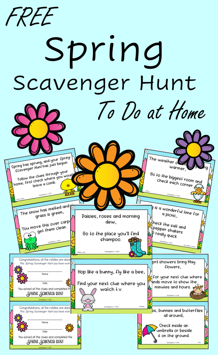spring scavenger hunt shows a pinterest image collage of the pintable pages.