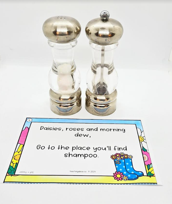 spring scavenger hunt shows a printed clue and a salt and pepper shaker.