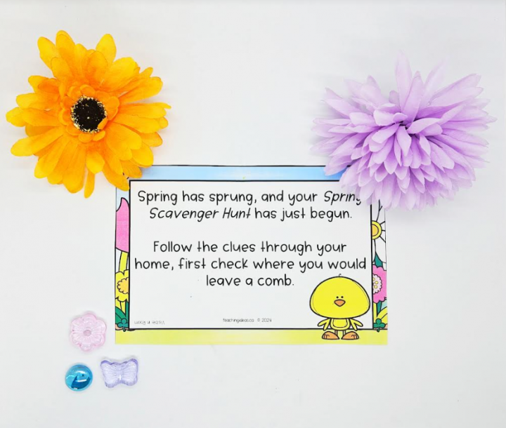 spring activity for kids shows a printed riddle and two flowers and a few gems.