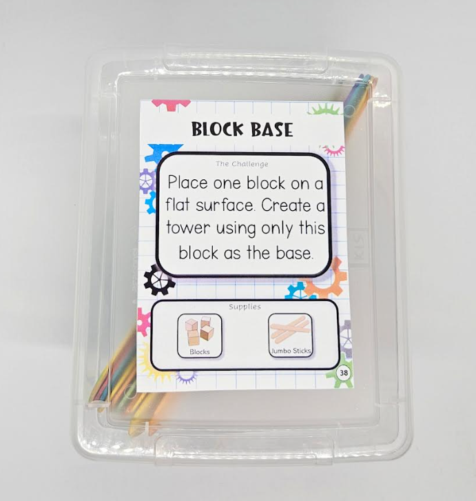 simple STEM Activities shows a clear bin with a activity card on top and popsicle sticks inside.