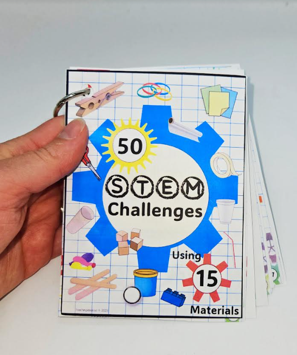 problem solving resource for kids shows someone holding printable activity cards held together with a ring.