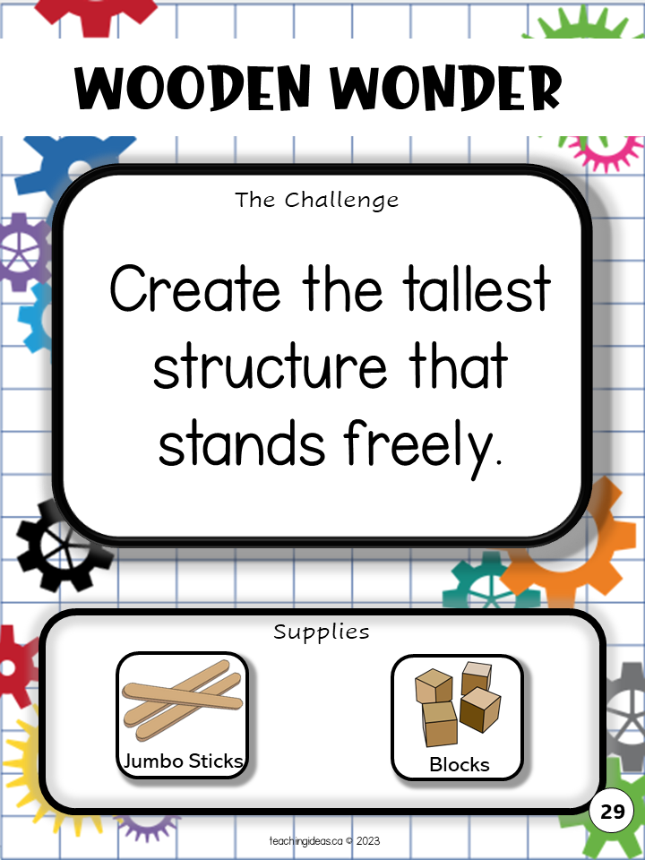 building activity card shows a challenge called wooden wonder that says create the tallest structure that stands freely.