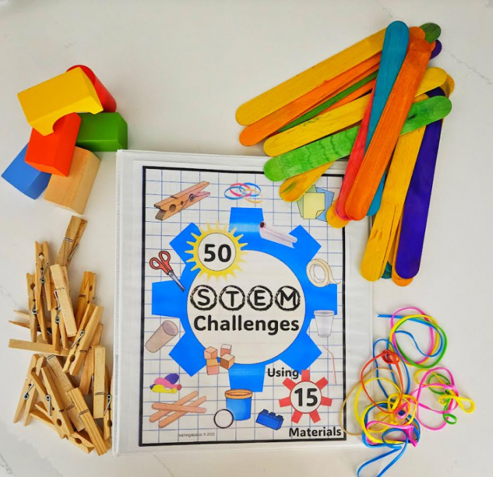simple STEM Activities shows a printable booklet and sticks, elastics, clothes pins and blocks.