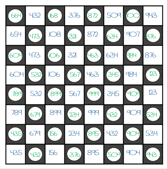 free printable chess board with three digit combinations in every box.