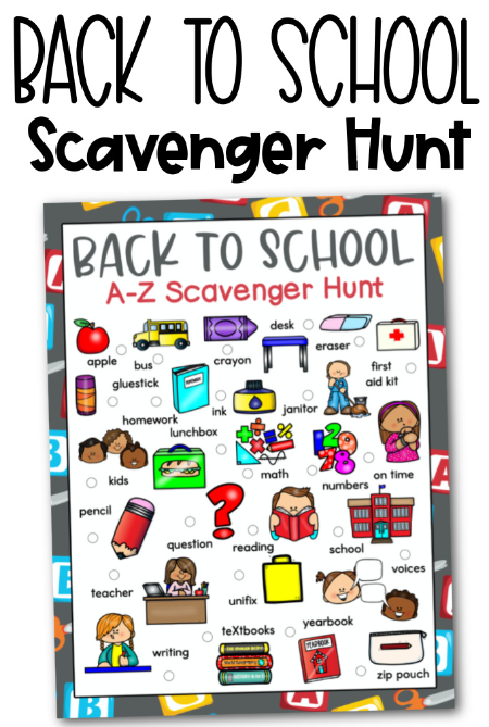 back to school scavenger hunt shows back to school things to find.