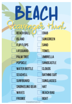 beach scavenger hunt shows a printable checklist for the beach.