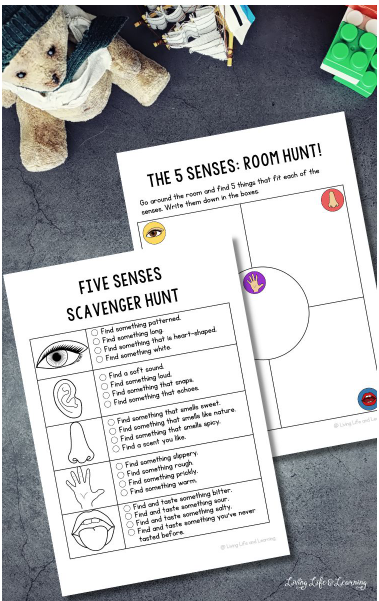 5 senses scavenger hunt shows two printable pages of a hunt game.