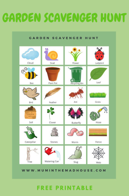 garden scavenger hunt shows a printable hunt with animals and pictures.