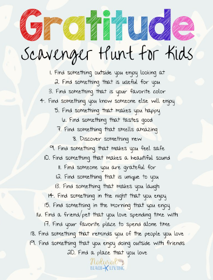 gratitude hunt for kids shows a list of nice things to do.