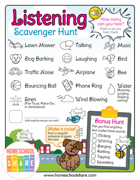 listening scavenger hunt ideas shows a printable page.