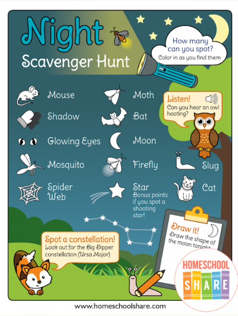 free printable scavenger hunt ideas shows a night checklist.
