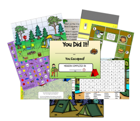 camping escape room shows a collage of printable camping printable puzzles.