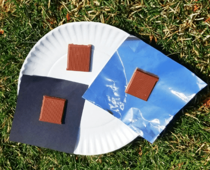 science for kids shows three pieces of chocolate each on different materials.
