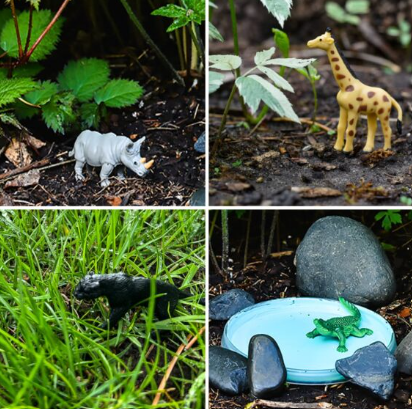 Summer Outdoor Learning Activities shows plastic animals figures hidden in the backyard.