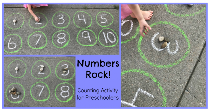 alphabet activities shows a child putting stones inside chalk drawn numbers.