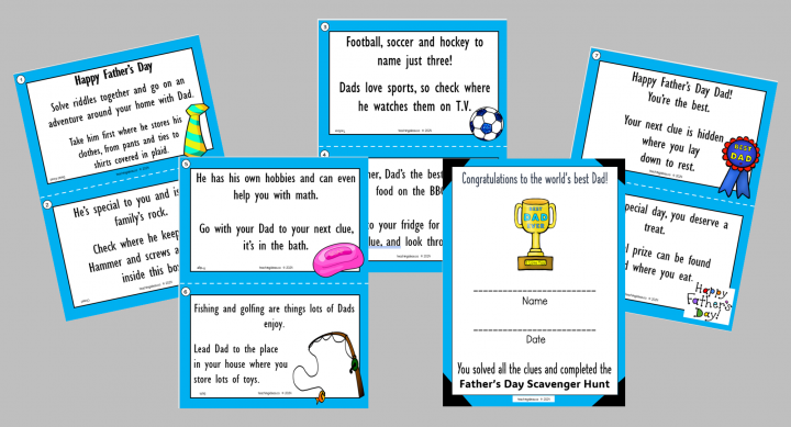 Free Fathers Day Scavenger Hunt shows all of the printable pages.