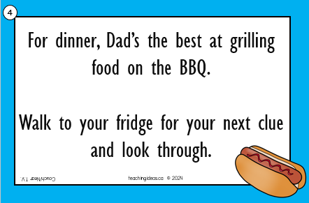 fathers day game for families shows a riddle about Dad being good at BBQs and to look in the fridge for the next clue.