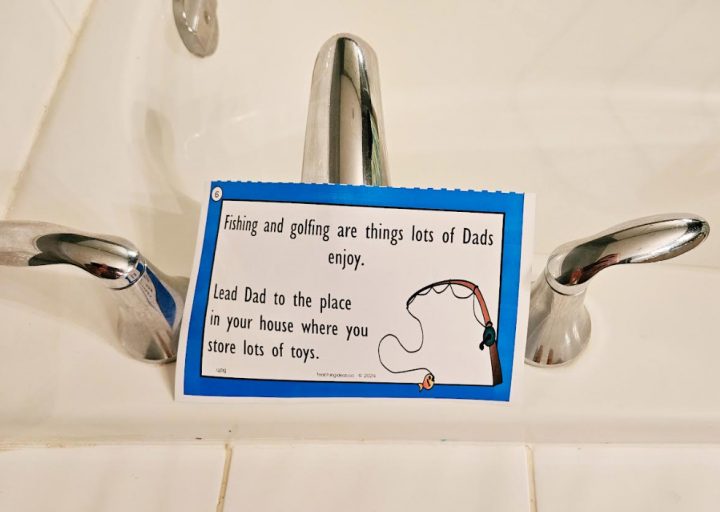 free fathers day scavenger hunt shows a riddle on a bath tap.