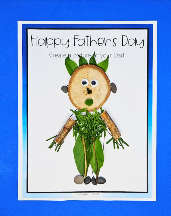 free fathers day STEAM shows a printable page and an image of a fathers made from items from nature.