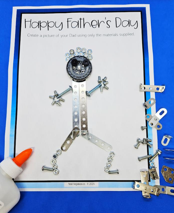 free fathers day STEAM activity shows a person figure made from tools and screws.
