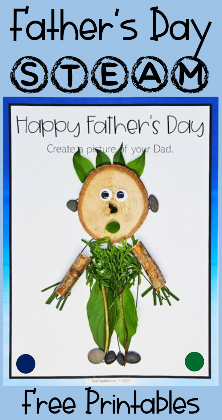fathers day STEAM shows an image of a father made from nature things on a pinterest pin.