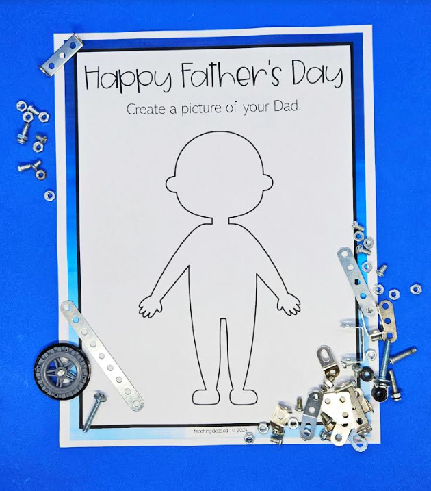 fathers day STEAM activity shows a printable page with tool materials around it.