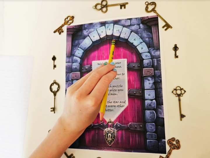 free printable escape room for kids shows a child with a pencil solving a puzzle.
