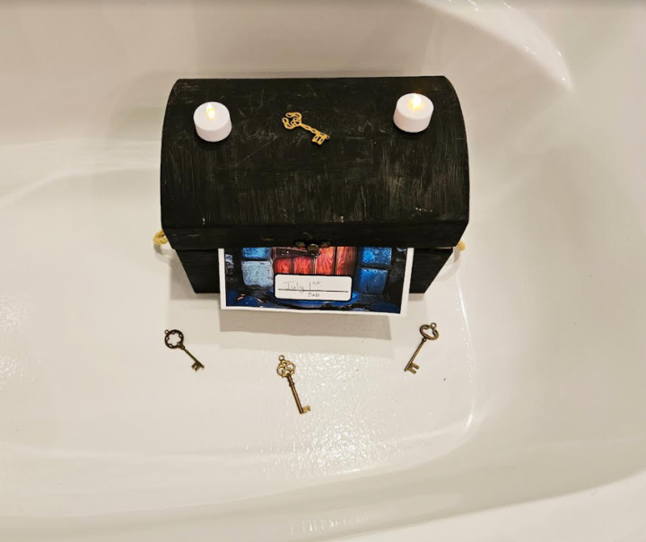 free printable escape room for kids shows a treasure box in a bathtub.
