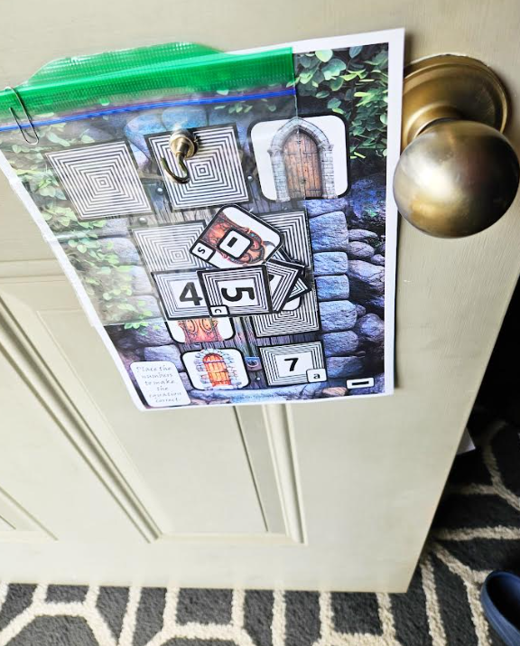 free printable escape room for kids shows a shows a math puzzle on a door.