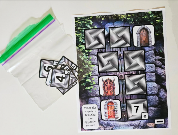 free printable escape room for kids shows a math escape room puzzle with numbers on squares in a baggie.