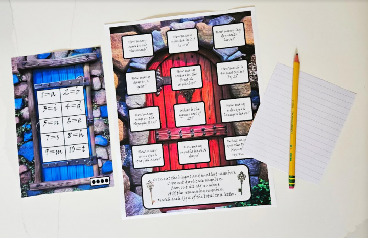 free printable escape room for kids shows two printed escape room puzzles and a sheet of paper and pencil to solve.
