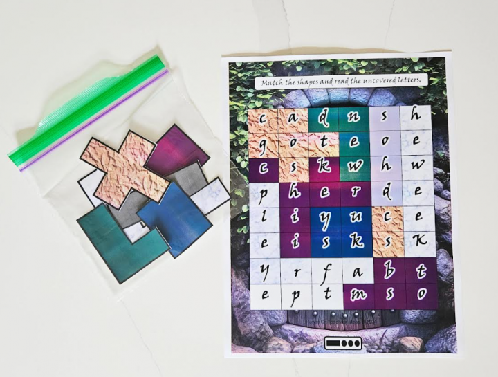 free printable escape room for kids shows a shows a bag with cut out escape room pieces and a printed page.