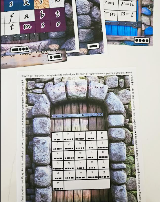 free printable escape room for kids shows a shows a bunch of morse code pages and a medieval looking door with morse code patterns.